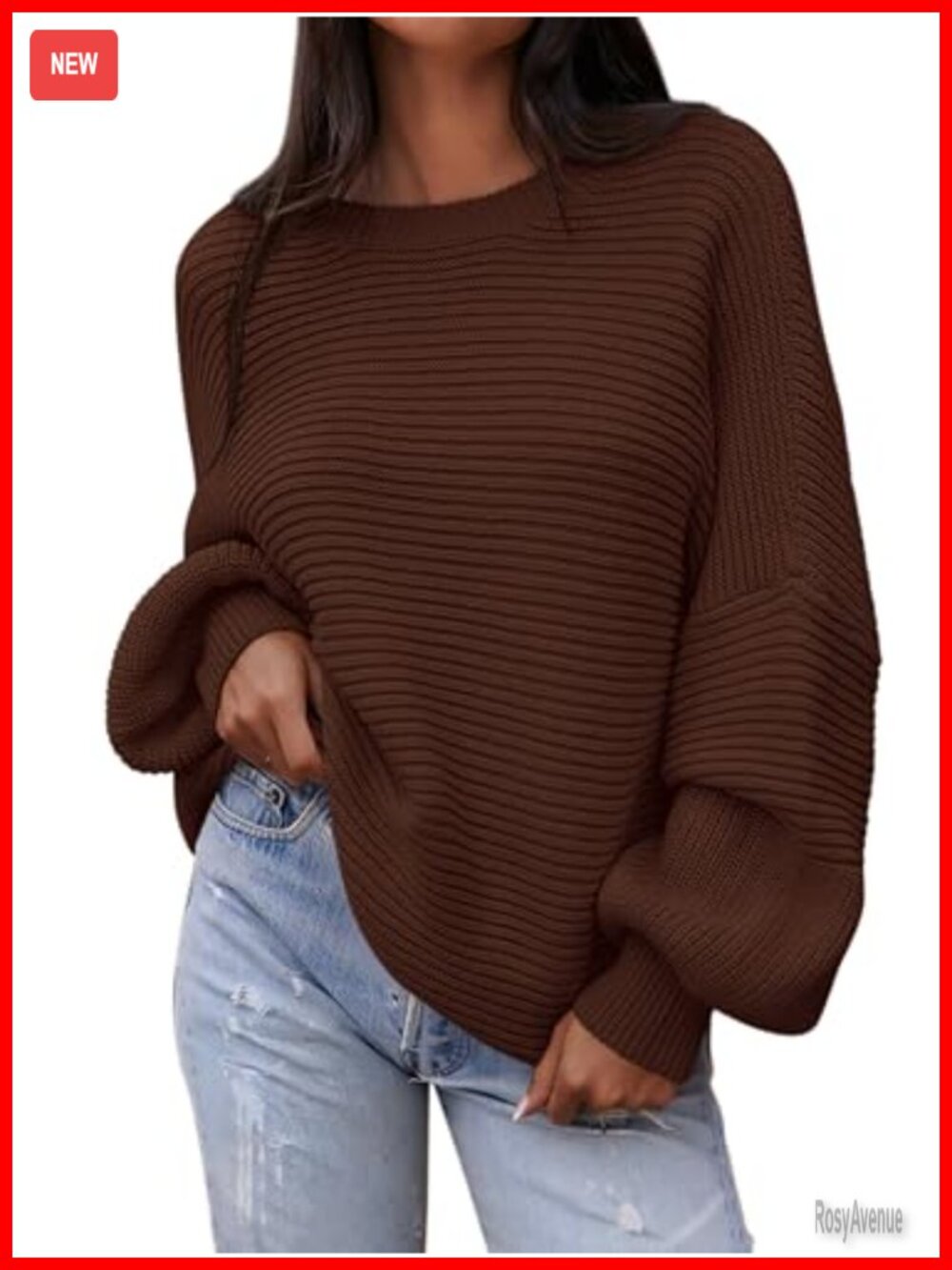 Oversized Chunky Knit Lantern Sleeve Sweater Crew Neck Pullover